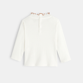 تيشيرت بناتي أبيض بياقة مضلعة ومسطحة